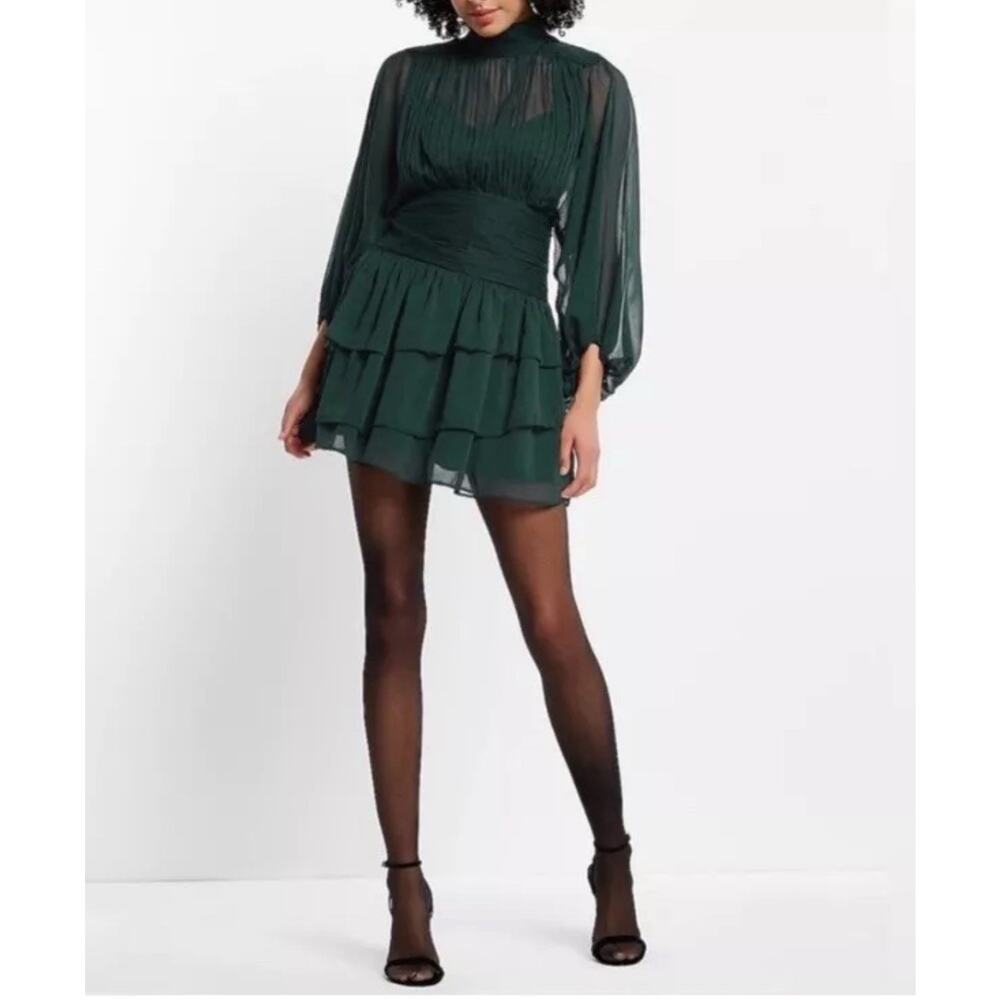Express Dark Green Long-Sleeve Tiered Midi Dress - Picture 2 of 8